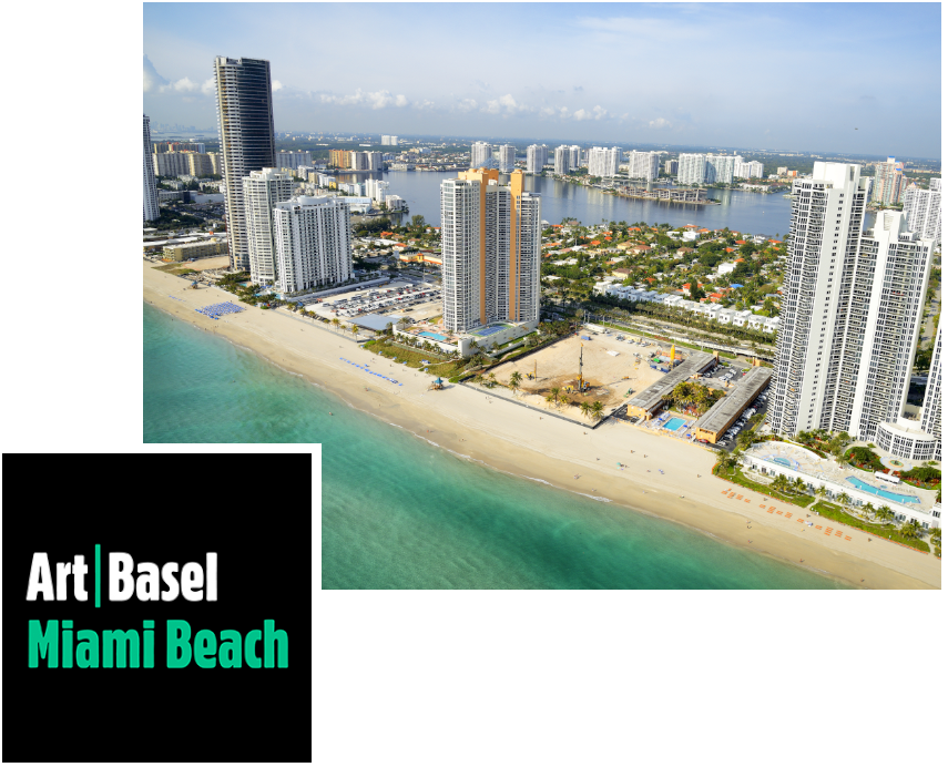 Art Basel Miami Beach Logo with Miami beach as backdrop