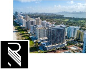 Aerial scene of Miami with the Redwood Art Group logo superimposed on it.