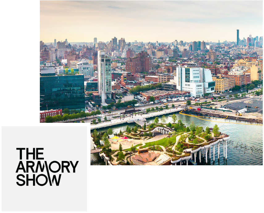 An aerial view of New York City with The Armory Show logo superimposed over it.