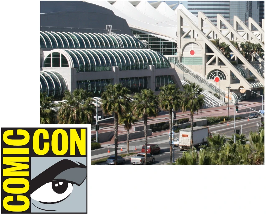 An image of the Comic-Con logo superimposed on a picture of the San Diego Convention Center.
