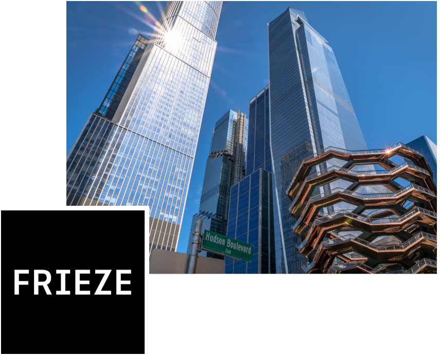 The Frieze logo superimposed on an image of skyscrapers in New York City.