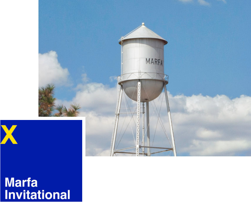 An image of a water tower with "Marfa" painted on it, superimposed by a log of the Marfa Invitational