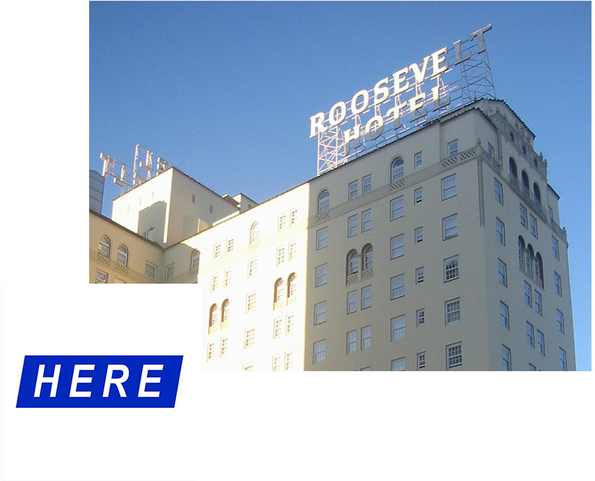 A picture of the Hollywood Roosevelt Hotel with the logo of the Felix Art Fair superimposed on it.